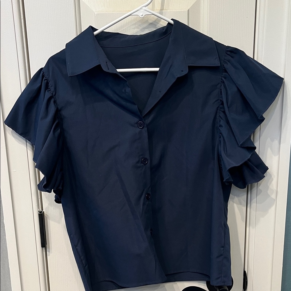 Navy Ruffle Sleeve Blouse